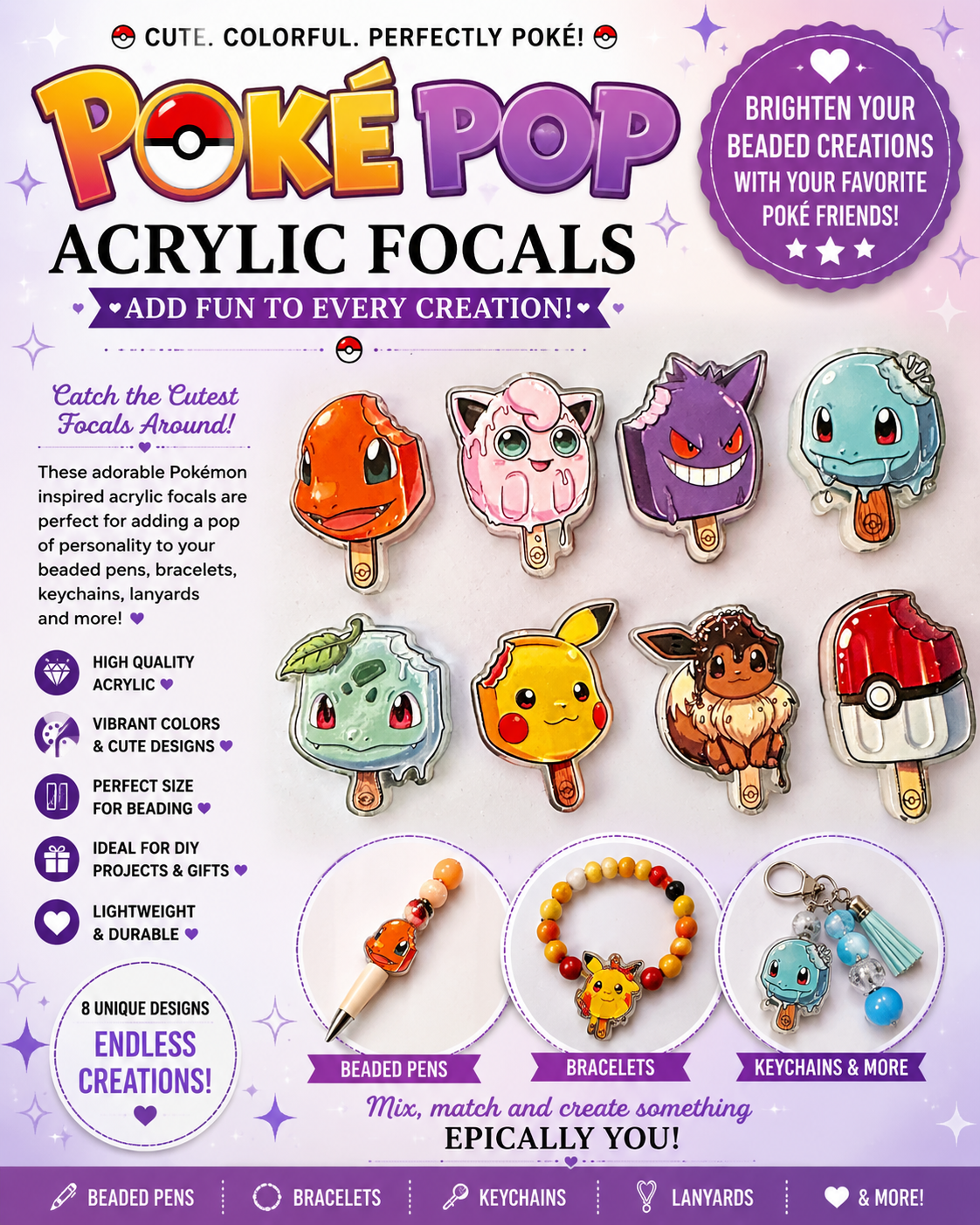 Pokemon Inspired Acrylic Focal Beads (8 pcs set)