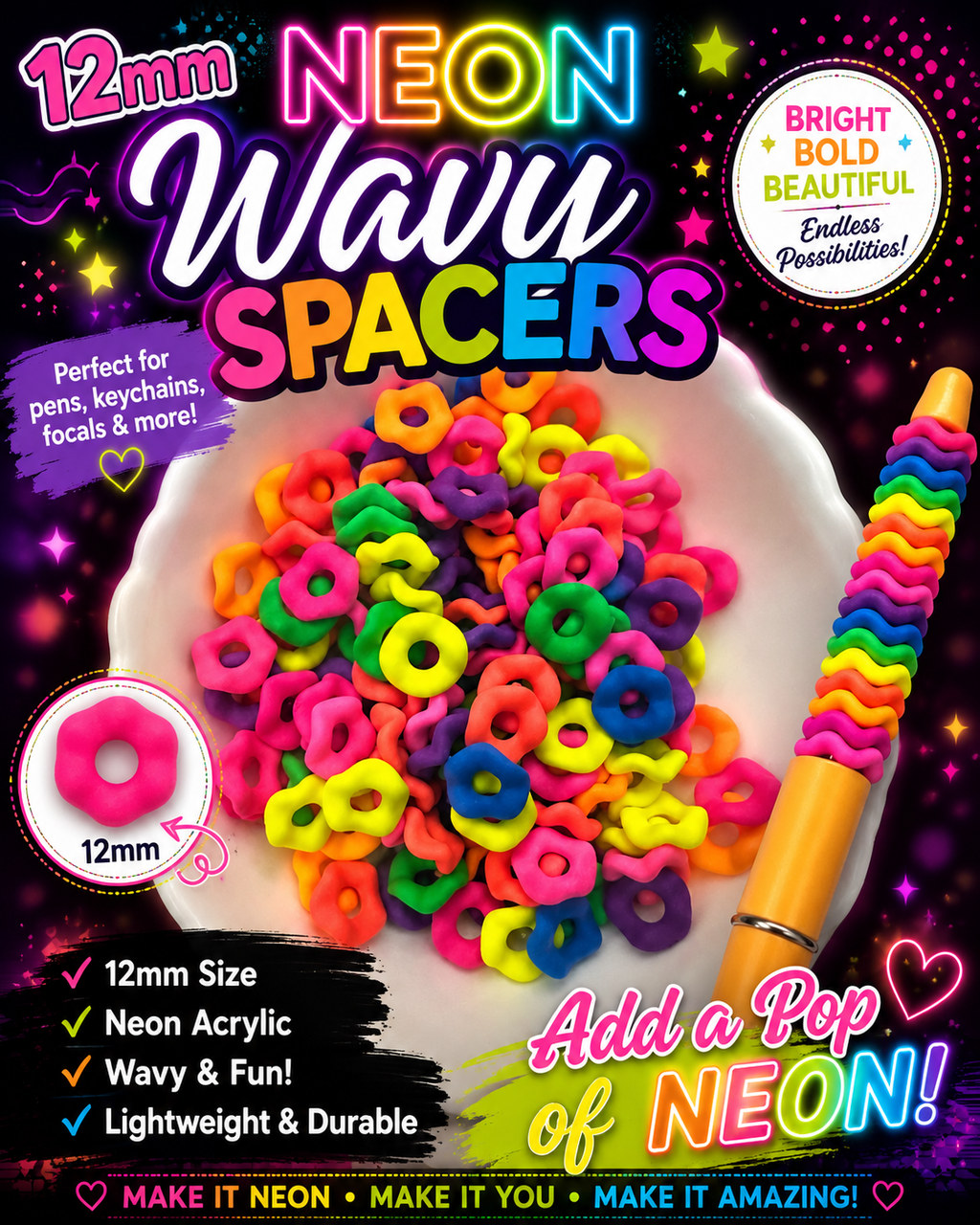 Neon 12mm Wavy Acrylic Spacer Beads (20 pcs)